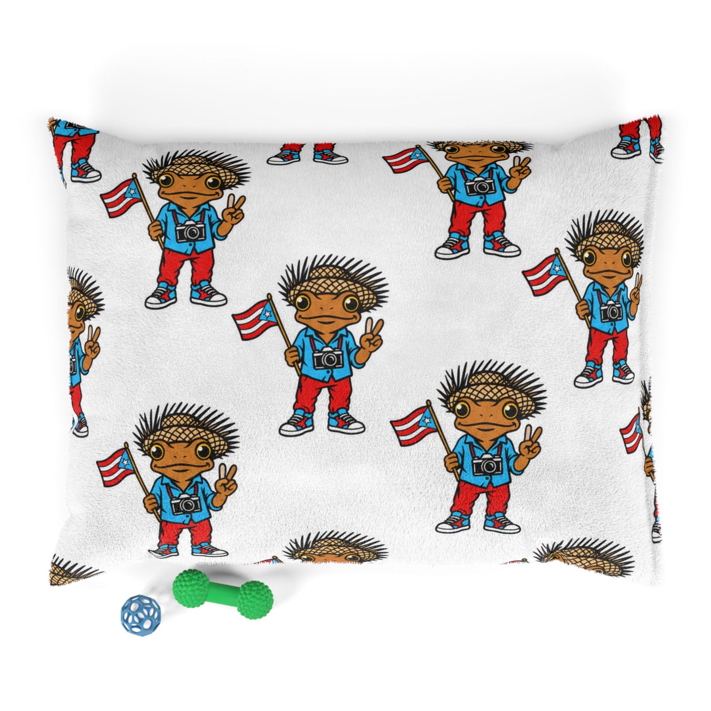 Puerto Rican Concho Pattern Pet Bed - Cute Flag-Holding Character Dog & Cat Cushion