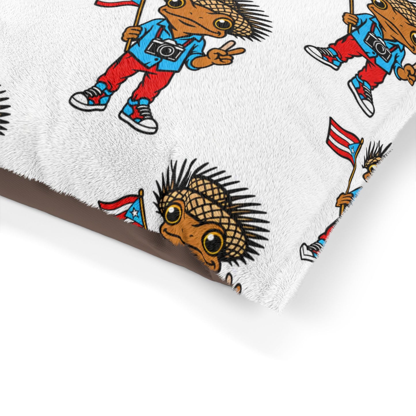 Puerto Rican Concho Pattern Pet Bed - Cute Flag-Holding Character Dog & Cat Cushion
