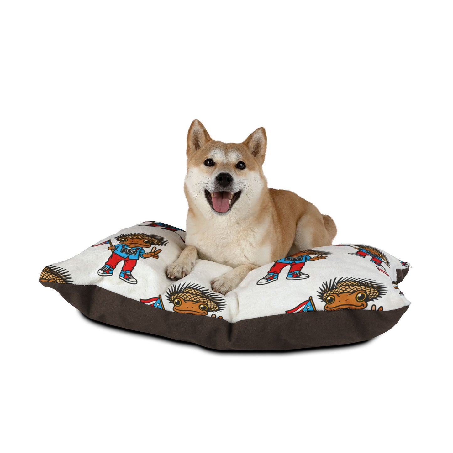 Puerto Rican Concho Pattern Pet Bed - Cute Flag-Holding Character Dog & Cat Cushion
